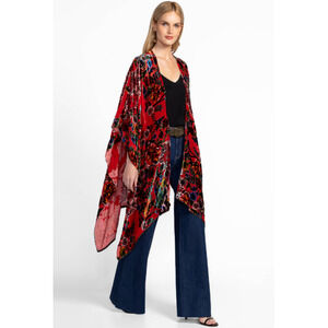 Johnny Was Red Bobcat Burnout Velvet Shawl Kimono New One Size $248 Silk Floral